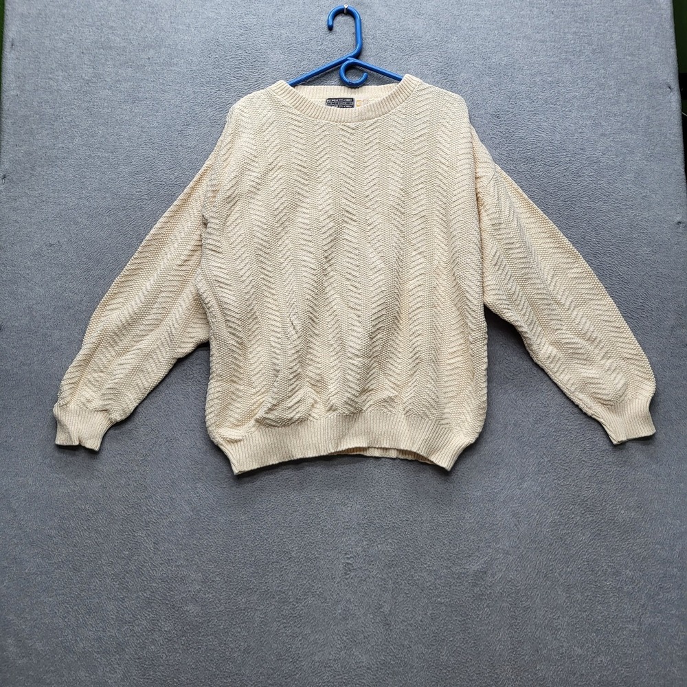 VINTAGE Members Only Men Sweater LARGE Ivory Herringbone Long Sleeve‎ 90s USA